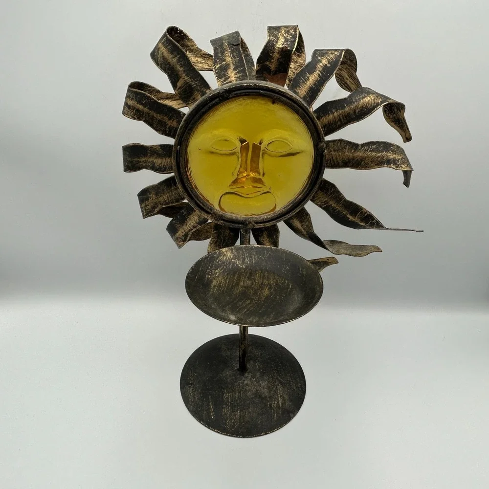 Celestial Sun 90s Y2K Face Metal Bronze Candle Holder Stand Amber Glass Zodiac